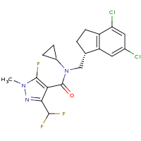 2d structure of N-cyclopropyl-N-{[(1R)-4,6-dichloro-2,3-dihydro-1H-inden-1-yl]methyl}-3-(difluoromethyl)-5-fluoro-1-methyl-1H-pyrazole-4-carboxamide