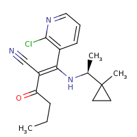 2d structure of (2Z)-2-[(2-chloropyridin-3-yl)({[(1S)-1-(1-methylcyclopropyl)ethyl]amino})methylidene]-3-oxohexanenitrile