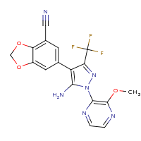 2d structure of 6-[5-amino-1-(3-methoxypyrazin-2-yl)-3-(trifluoromethyl)-1H-pyrazol-4-yl]-2H-1,3-benzodioxole-4-carbonitrile