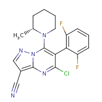 2d structure of 5-chloro-6-(2,6-difluorophenyl)-7-[(2R)-2-methylpiperidin-1-yl]pyrazolo[1,5-a]pyrimidine-3-carbonitrile