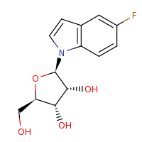 2d structure of (2R,3R,4S,5R)-2-(5-fluoro-1H-indol-1-yl)-5-(hydroxymethyl)oxolane-3,4-diol