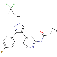 2d structure of N-[4-(1-{[(1S)-2,2-dichlorocyclopropyl]methyl}-3-(4-fluorophenyl)-1H-pyrazol-4-yl)pyridin-2-yl]propanamide