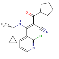2d structure of (2Z)-3-(2-chloropyridin-3-yl)-2-cyclopentanecarbonyl-3-{[(1S)-1-cyclopropylethyl]amino}prop-2-enenitrile