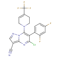 2d structure of 5-chloro-6-(2,4-difluorophenyl)-7-[4-(trifluoromethyl)-1,2,3,6-tetrahydropyridin-1-yl]pyrazolo[1,5-a]pyrimidine-3-carbonitrile
