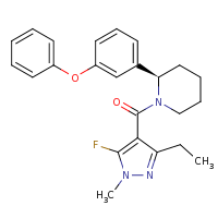2d structure of (2R)-1-[(3-ethyl-5-fluoro-1-methyl-1H-pyrazol-4-yl)carbonyl]-2-(3-phenoxyphenyl)piperidine