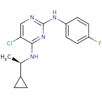 2d structure of 5-chloro-4-N-[(1R)-1-cyclopropylethyl]-2-N-(4-fluorophenyl)pyrimidine-2,4-diamine