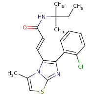 2d structure of (2E)-3-[6-(2-chlorophenyl)-3-methylimidazo[2,1-b][1,3]thiazol-5-yl]-N-(2-methylbutan-2-yl)prop-2-enamide
