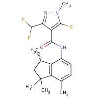 2d structure of 3-(difluoromethyl)-5-fluoro-1-methyl-N-[(3S)-1,1,3,7-tetramethyl-2,3-dihydro-1H-inden-4-yl]-1H-pyrazole-4-carboxamide