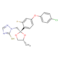 2d structure of 1-{[(2S,4R)-2-[4-(4-chlorophenoxy)-2-fluorophenyl]-4-methyl-1,3-dioxolan-2-yl]methyl}-1H-1,2,4-triazole-5-thiol