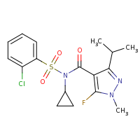 2d structure of N-[(2-chlorobenzene)sulfonyl]-N-cyclopropyl-5-fluoro-1-methyl-3-(propan-2-yl)-1H-pyrazole-4-carboxamide