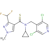 2d structure of N-cyclopropyl-N-[(3,5-dichloropyridin-4-yl)methyl]-3-(difluoromethyl)-1-methyl-1H-pyrazole-4-carbothioamide