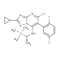 2d structure of 5-chloro-2-cyclopropyl-6-(2,5-difluorophenyl)-N-[(1S)-1-(trimethylsilyl)ethyl]-[1,2,4]triazolo[1,5-a]pyrimidin-7-amine