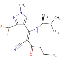 2d structure of (2Z)-2-{[3-(difluoromethyl)-1-methyl-1H-pyrazol-4-yl]({[(2S)-3-methylbutan-2-yl]amino})methylidene}-3-oxohexanenitrile