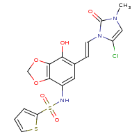 2d structure of N-{6-[(E)-2-(5-chloro-3-methyl-2-oxo-2,3-dihydro-1H-imidazol-1-yl)ethenyl]-7-hydroxy-2H-1,3-benzodioxol-4-yl}thiophene-2-sulfonamide