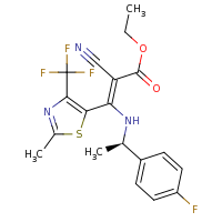 2d structure of ethyl (2Z)-2-cyano-3-{[(1R)-1-(4-fluorophenyl)ethyl]amino}-3-[2-methyl-4-(trifluoromethyl)-1,3-thiazol-5-yl]prop-2-enoate