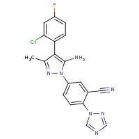 2d structure of 5-[5-amino-4-(2-chloro-4-fluorophenyl)-3-methyl-1H-pyrazol-1-yl]-2-(1H-1,2,4-triazol-1-yl)benzonitrile