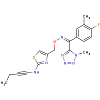 2d structure of N-(but-1-yn-1-yl)-4-({[(Z)-[(4-fluoro-3-methylphenyl)(1-methyl-1H-1,2,3,4-tetrazol-5-yl)methylidene]amino]oxy}methyl)-1,3-thiazol-2-amine