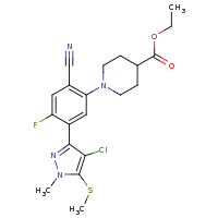 2d structure of ethyl 1-{5-[4-chloro-1-methyl-5-(methylsulfanyl)-1H-pyrazol-3-yl]-2-cyano-4-fluorophenyl}piperidine-4-carboxylate