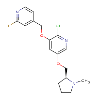 2d structure of 2-chloro-3-[(2-fluoropyridin-4-yl)methoxy]-5-{[(2S)-1-methylpyrrolidin-2-yl]methoxy}pyridine