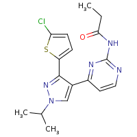 2d structure of N-{4-[3-(5-chlorothiophen-2-yl)-1-(propan-2-yl)-1H-pyrazol-4-yl]pyrimidin-2-yl}propanamide