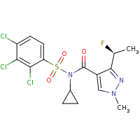 2d structure of N-cyclopropyl-3-[(1S)-1-fluoroethyl]-1-methyl-N-[(2,3,4-trichlorobenzene)sulfonyl]-1H-pyrazole-4-carboxamide