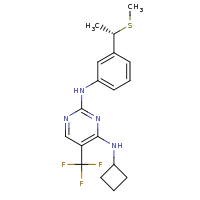 2d structure of 4-N-cyclobutyl-2-N-{3-[(1S)-1-(methylsulfanyl)ethyl]phenyl}-5-(trifluoromethyl)pyrimidine-2,4-diamine