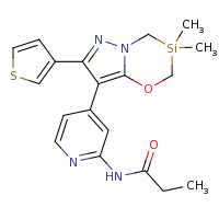 2d structure of N-{4-[3,3-dimethyl-7-(thiophen-3-yl)-2H,3H,4H-pyrazolo[3,2-b][1,3,5]oxazasilin-8-yl]pyridin-2-yl}propanamide