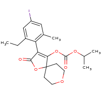 2d structure of [3-(2-ethyl-4-iodo-6-methylphenyl)-2-oxo-1,8-dioxaspiro[4.5]dec-3-en-4-yl] propan-2-yl carbonate