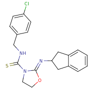 2d structure of (2Z)-N-[(4-chlorophenyl)methyl]-2-(2,3-dihydro-1H-inden-2-ylimino)-1,3-oxazolidine-3-carbothioamide