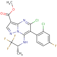 2d structure of methyl 5-chloro-6-(2-chloro-4-fluorophenyl)-7-{[(2R)-1,1,1-trifluoropropan-2-yl]amino}pyrazolo[1,5-a]pyrimidine-3-carboxylate