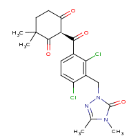 2d structure of (2R)-2-({2,4-dichloro-3-[(3,4-dimethyl-5-oxo-4,5-dihydro-1H-1,2,4-triazol-1-yl)methyl]phenyl}carbonyl)-4,4-dimethylcyclohexane-1,3-dione