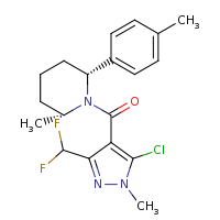 2d structure of (2R,6R)-1-{[5-chloro-3-(difluoromethyl)-1-methyl-1H-pyrazol-4-yl]carbonyl}-2-methyl-6-(4-methylphenyl)piperidine