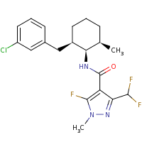 2d structure of N-[(1R,2R,6R)-2-[(3-chlorophenyl)methyl]-6-methylcyclohexyl]-3-(difluoromethyl)-5-fluoro-1-methyl-1H-pyrazole-4-carboxamide