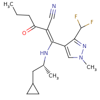 2d structure of (2Z)-2-({[(2R)-1-cyclopropylpropan-2-yl]amino}[3-(difluoromethyl)-1-methyl-1H-pyrazol-4-yl]methylidene)-3-oxohexanenitrile