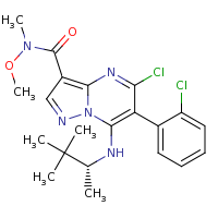 2d structure of 5-chloro-6-(2-chlorophenyl)-7-{[(2R)-3,3-dimethylbutan-2-yl]amino}-N-methoxy-N-methylpyrazolo[1,5-a]pyrimidine-3-carboxamide