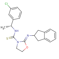 2d structure of (2Z)-N-[(1R)-1-(3-chlorophenyl)ethyl]-2-(2,3-dihydro-1H-inden-2-ylimino)-1,3-oxazolidine-3-carbothioamide