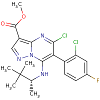 2d structure of methyl 5-chloro-6-(2-chloro-4-fluorophenyl)-7-{[(2R)-3,3-dimethylbutan-2-yl]amino}pyrazolo[1,5-a]pyrimidine-3-carboxylate