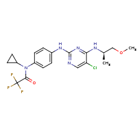 2d structure of N-{4-[(5-chloro-4-{[(2R)-1-methoxypropan-2-yl]amino}pyrimidin-2-yl)amino]phenyl}-N-cyclopropyl-2,2,2-trifluoroacetamide