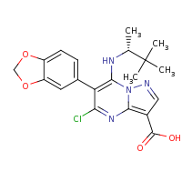 2d structure of 6-(2H-1,3-benzodioxol-5-yl)-5-chloro-7-{[(2R)-3,3-dimethylbutan-2-yl]amino}pyrazolo[1,5-a]pyrimidine-3-carboxylic acid