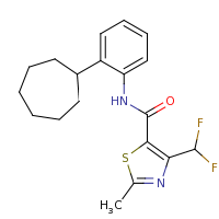 2d structure of N-(2-cycloheptylphenyl)-4-(difluoromethyl)-2-methyl-1,3-thiazole-5-carboxamide