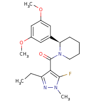 2d structure of (2R)-2-(3,5-dimethoxyphenyl)-1-[(3-ethyl-5-fluoro-1-methyl-1H-pyrazol-4-yl)carbonyl]piperidine