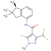2d structure of 3-(difluoromethyl)-5-fluoro-1-methyl-N-[(1R)-1,2,2-trimethyl-2,3-dihydro-1H-inden-4-yl]-1H-pyrazole-4-carboxamide