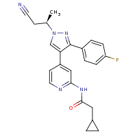 2d structure of N-(4-{1-[(2R)-1-cyanopropan-2-yl]-3-(4-fluorophenyl)-1H-pyrazol-4-yl}pyridin-2-yl)-2-cyclopropylacetamide