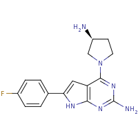 2d structure of (3S)-1-[2-amino-6-(4-fluorophenyl)-7H-pyrrolo[2,3-d]pyrimidin-4-yl]pyrrolidin-3-amine