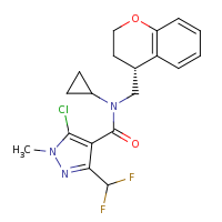 2d structure of 5-chloro-N-cyclopropyl-3-(difluoromethyl)-N-[(4R)-3,4-dihydro-2H-1-benzopyran-4-ylmethyl]-1-methyl-1H-pyrazole-4-carboxamide