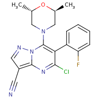 2d structure of 5-chloro-7-[(2S,6S)-2,6-dimethylmorpholin-4-yl]-6-(2-fluorophenyl)pyrazolo[1,5-a]pyrimidine-3-carbonitrile